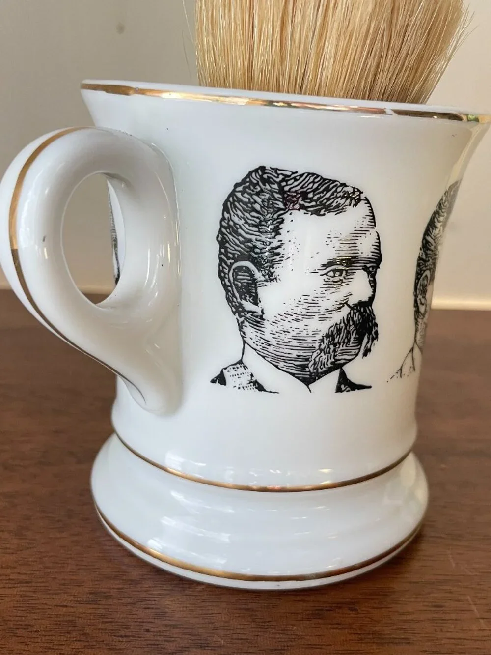 VTG Porcelain Barber's Mug Mustached Gentlemen & Shaving Brush Barbershop
